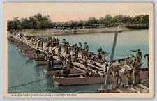 US Engineer Corps Building a Pontoon Bridge Soldiers WW1 WWI Postcard c1917-18 picture