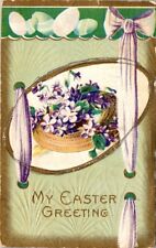 vintage postcard - Easter Greetings - basket of flowers and eggs embossed 1911 picture