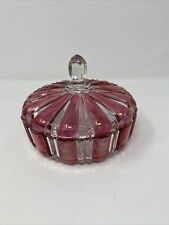 Vintage Heavy Clear Cut Glass Red Stripes Round Lidded Candy Statement Dish  picture