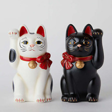 Set of 2 Japanese Lucky Cat SETO Maneki Neko White & Black Red Ribbon Ceramic picture