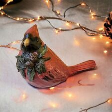 Red Cardinal Bird Figurine Wood Carved Look Resin Holly Pinecones Christmas picture