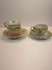 Set of 2 Cups/Saucers Unbranded Shamrock Roses Pastels Green Gold Accent c 1900s picture