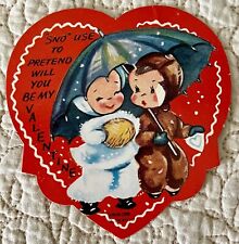 Unused Valentine Boy Girl Snowsuit Umbrella Hug Vtg Greeting Card 1930s 1940s picture