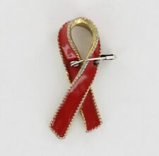 Vintage AIDS Red Ribbon Symbol Pin Lesbian Gay Civil Rights Red Gold Brooch  picture