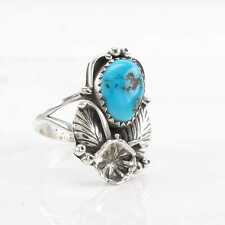 Vintage Navajo Sterling Silver Ring, Turquoise Floral Blue Size 8 picture