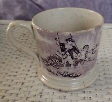 NICE Early SOFT PASTE Antique CHILDS MUG PURPLE TRANSFERWARE FISHING & HUNTING picture