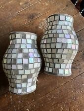 Matching Pair Iridescent AB White / Clear Mosaic Hurricane Shades Candle Holders picture