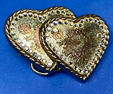 Dual Hearts Flowers  Cutout Vintage Mixed Metal Western Belt Buckle Marked W picture