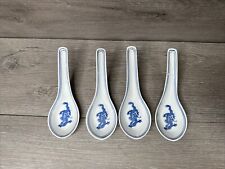 Set of 4 Vintage Porcelain Rice Soup Spoons Blue White Porcelain Chinese Dragon picture