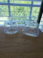 Pair of Butter Bell Keeper Crocks Clear Glass 1 Round, 1 Square 3 1/2