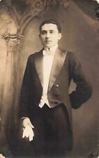 Handsome Dapper Man in Satin Tux White Bow Tie Gloves c1915 RPPC Unposted 527 picture