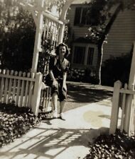 Pretty Woman Sitting On Rail Of Arbor By House B&W Photograph 3 x 3.5 picture