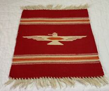 Antique Mexican Rug/Mat, Hand Woven, Stripes, Bird, Red, Orange, Off White, Wool picture