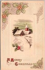 c1910s A MERRY CHRISTMAS Embossed Postcard Winter Church Scene BS Pub. Unused picture