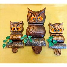 VINTAGE MCM THREE WOOD WALL HANGING OWLS picture