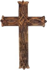 Wooden Wall Cross Plaque Hanging with Celtic Hand Carvings Religious Crosses picture