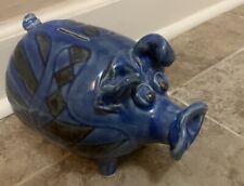 Vintage Unique  Blue Olive Green  Glazed Pottery Footed Piggy Bank picture