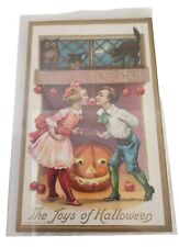 1909 NY 248-The Joys Of Halloween Embossed Post Card Boy Girl/Jack O Lantern/Owl picture