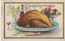 1910 THANKSGIVING GREETING HOLIDAY PC Signed Conwell Turkey Dinner, Wine Fruit, picture
