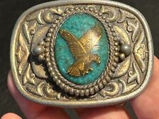 Very old vintage TURQUOISE CHIPS EAGLE LANDING BELT BUCKLE picture