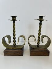 Vintage Midmod MCM Wrought Iron Twisted Candlesticks On Wooden Bases Set Of 2 picture