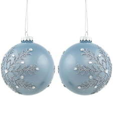 Set of 2 Shiny Stone Blue Glitter Snowflakes Glass Christmas Ball Ornaments 4