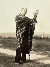 YH Photograph Old Man Waving At Camera Wearing Blanket Outside 1930's picture