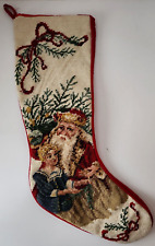 Needlepoint Christmas Stocking Old World Santa w Girl in Green Dress  21