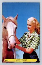 Cody WY-Wyoming, General Greetings, Girl and Horse, Antique Vintage Postcard picture
