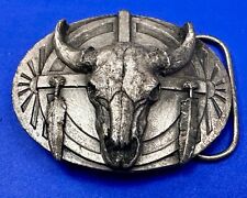 Native American Indian Themed Cow Skull Feathers Vtg. Siskiyou Belt Buckle U-40 picture