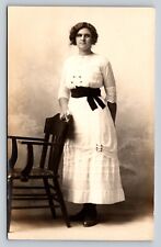 RPPC Young Lady Poses By Chair, Dressed Nicely AZO 1904-1918 ANTIQUE Postcard picture