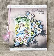 Ephemera Vintage Birthday Greeting Card 40s 50s Tassels Young Woman Flowers picture