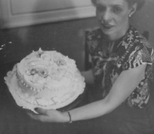 6Y Photograph 1952 Lovely Lady Pretty Holding Decorated Cake  1950's  picture