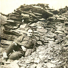 WWI Military Officer Photo Soldier Posing Against Slate Trench Wall War Time picture