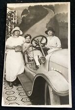 Vintage Studio Real Photo Postcard Girl Driving Antique Car Automobile Auto RPPC picture
