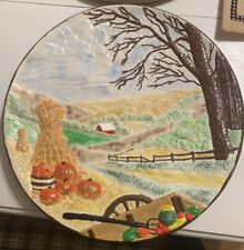 Vintage 3-d Embossed ROUND CERAMIC WALL PLATE AUTUMN PAINTING picture