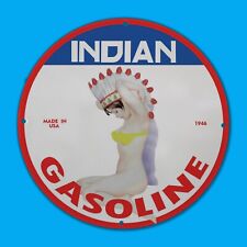 VINTAGE INDIAN 1946 USA GAS STATION SERVICE MAN CAVE OIL PORCELAIN SIGN picture