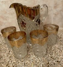 Rare Atq Rayed Flower Indiana Glass Splendor EAPG Pitcher & 4 Glasses w/Gold Rim picture