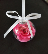 Ornament clear shatterproof ball with pink rose flower ribbon hanger gift boxed picture