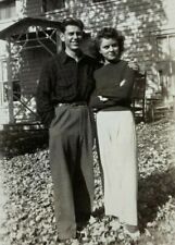 Handsome Man Pretty Woman Hug Leaves House B&W Photograph 2.75 x 4.5 picture