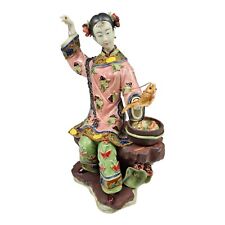 VTG Chinese Wucai Porcelain Pottery Shi Wan Lady Woman with Fish Figurine 9