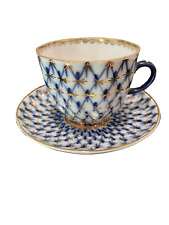 LOMONOSOV PORCELAIN CUP AND SAUCER COBALT BLUE 24K GOLD MADE IN THE USSR picture