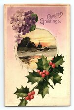 Violets Holly Berry House Snow Sky Christmas Day Greeting Card Vintage Postcard picture