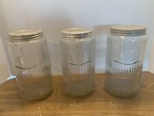 3 Vintage Hoosier Ribbed Clear Glass Cannister Jars Original Metal Lids - Lot WW picture