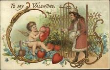 Valentine - Cupid Painting Hearts Visited by Girl c1910 Postcard picture