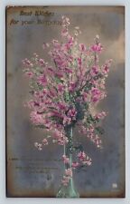 c1912 RPPC Beautiful Vase w/ Flowers HAPPY BIRTHDAY Color Tint ANTIQUE Postcard picture