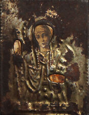 ANTIQUE SMALL PRINTED ICON WITH METAL FACING VIRGIN MARY picture