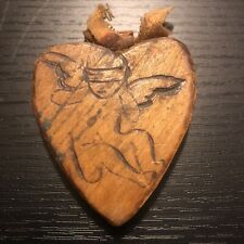 Vtg Hand-Carved Wooden Heart W/Cupid Angel Valentine Signed Dated 1906 picture