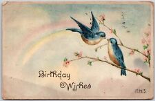 1917 Birthday Wishes Birds On Twig Rainbow Greeting Card Posted Postcard picture