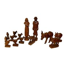 Miniature Hand Carved Wood Figurines Farmers Farm Animals 14 Pieces picture